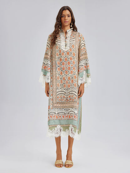 Vintage Botanical Print Lace Dress (Belt Included)