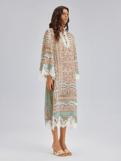 Vintage Botanical Print Lace Dress (Belt Included)