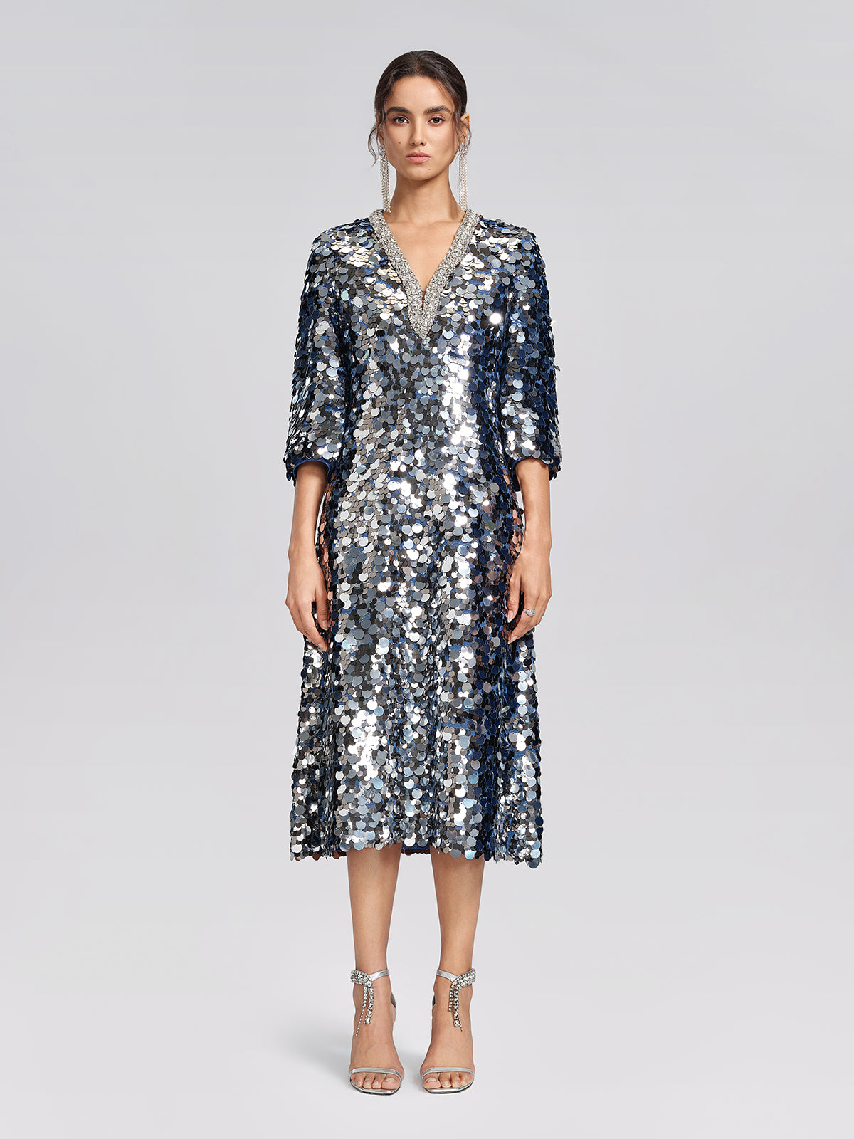 Metallic Sequin Rhinestone V-Neck Dress