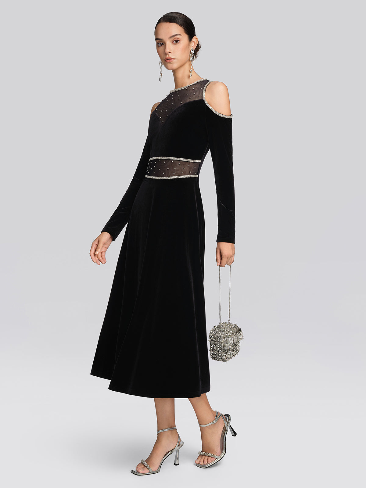 Velvet Crystal Mesh Cold-Shoulder Dress