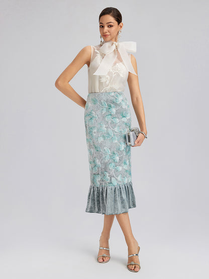 Beaded Floral Embroidered Velvet Tulip Skirt