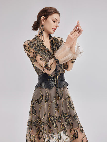 Custom Italian Floral Jacquard Dress (Belt Included)