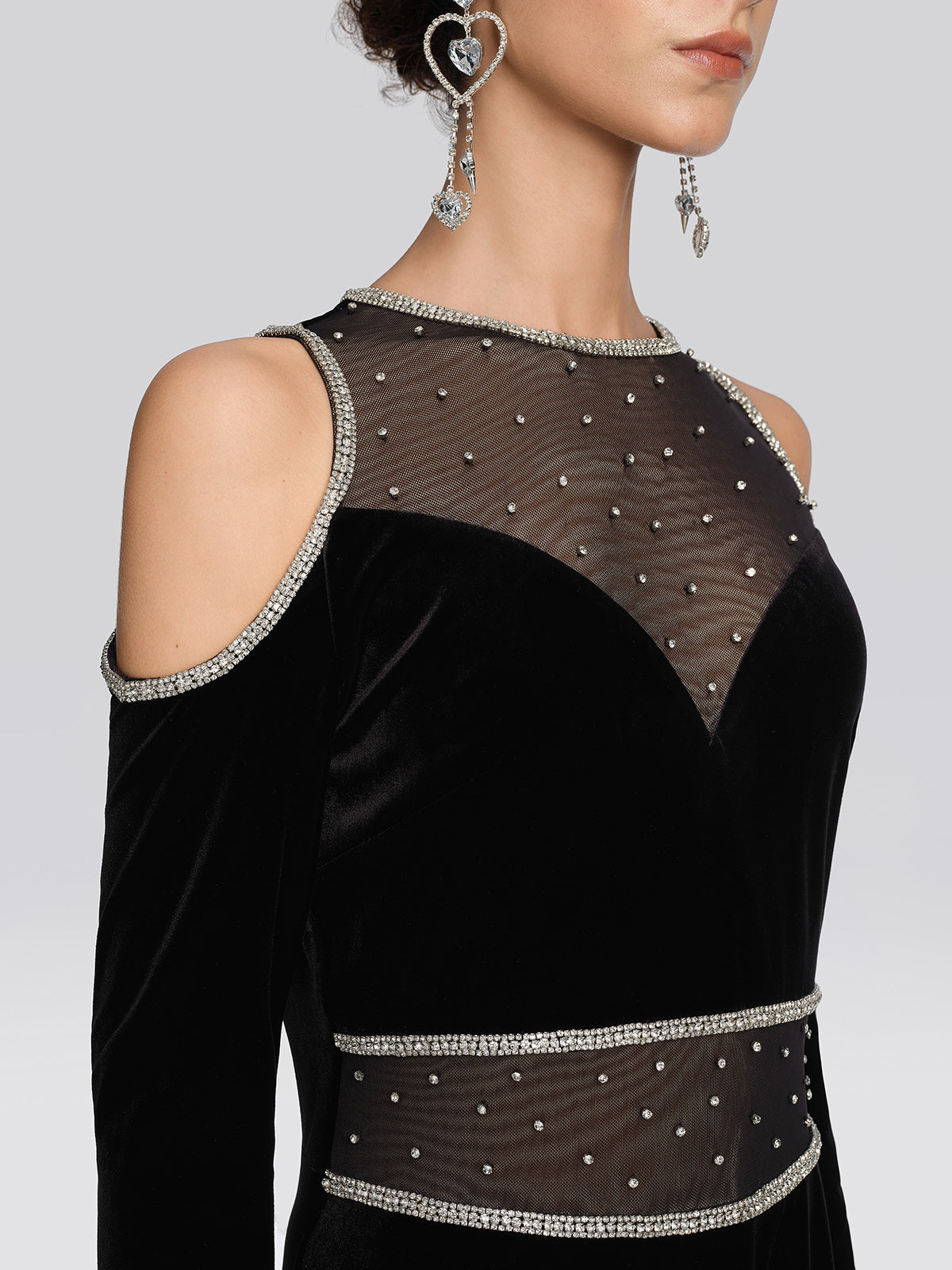 Velvet Crystal Mesh Cold-Shoulder Dress