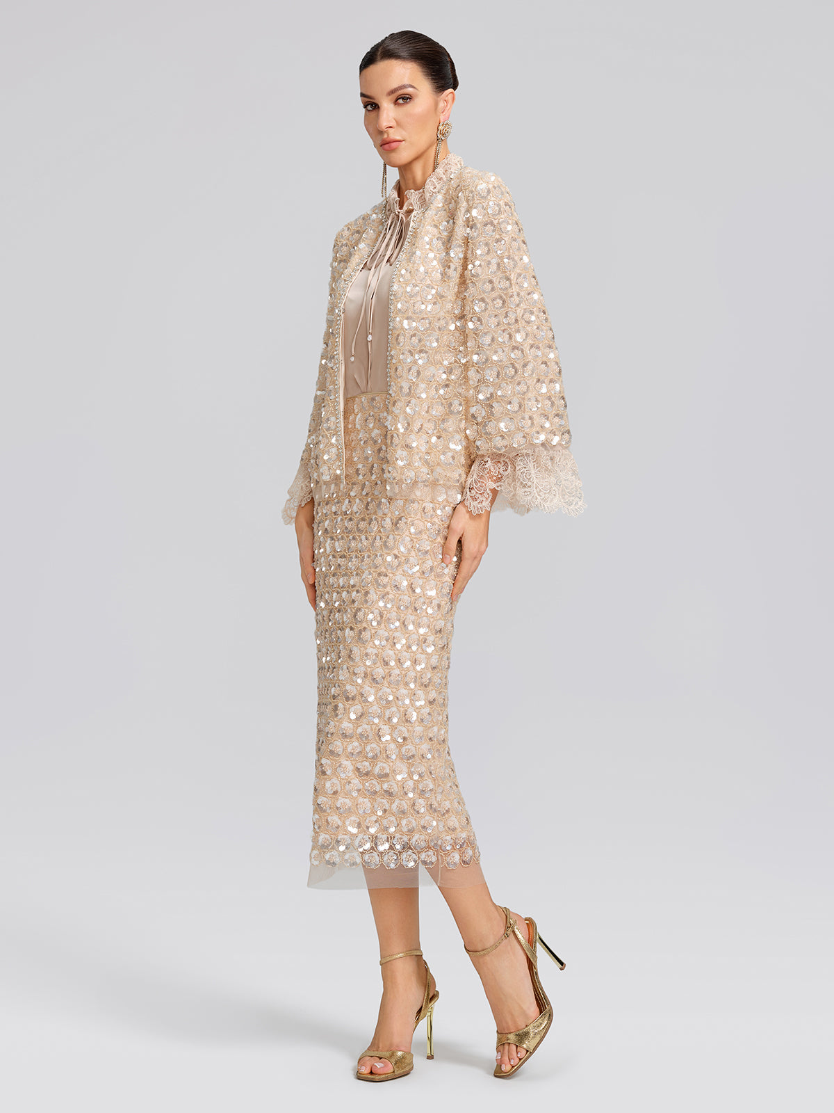Art Floral Sequin Elastic-Waist Skirt