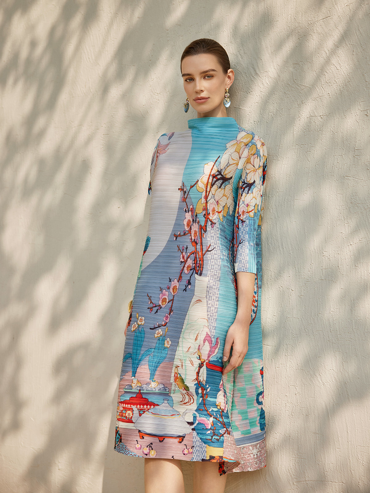 Artistic Print Pleated High Neck Dress (Slip Dress Included)