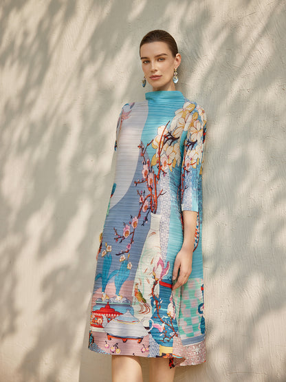 Artistic Print Pleated High Neck Dress (Slip Dress Included)