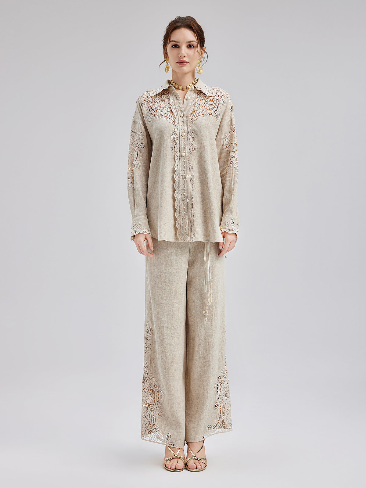 Final Sale | French Ramie Lace-Trimmed Pants with Braided Belt
