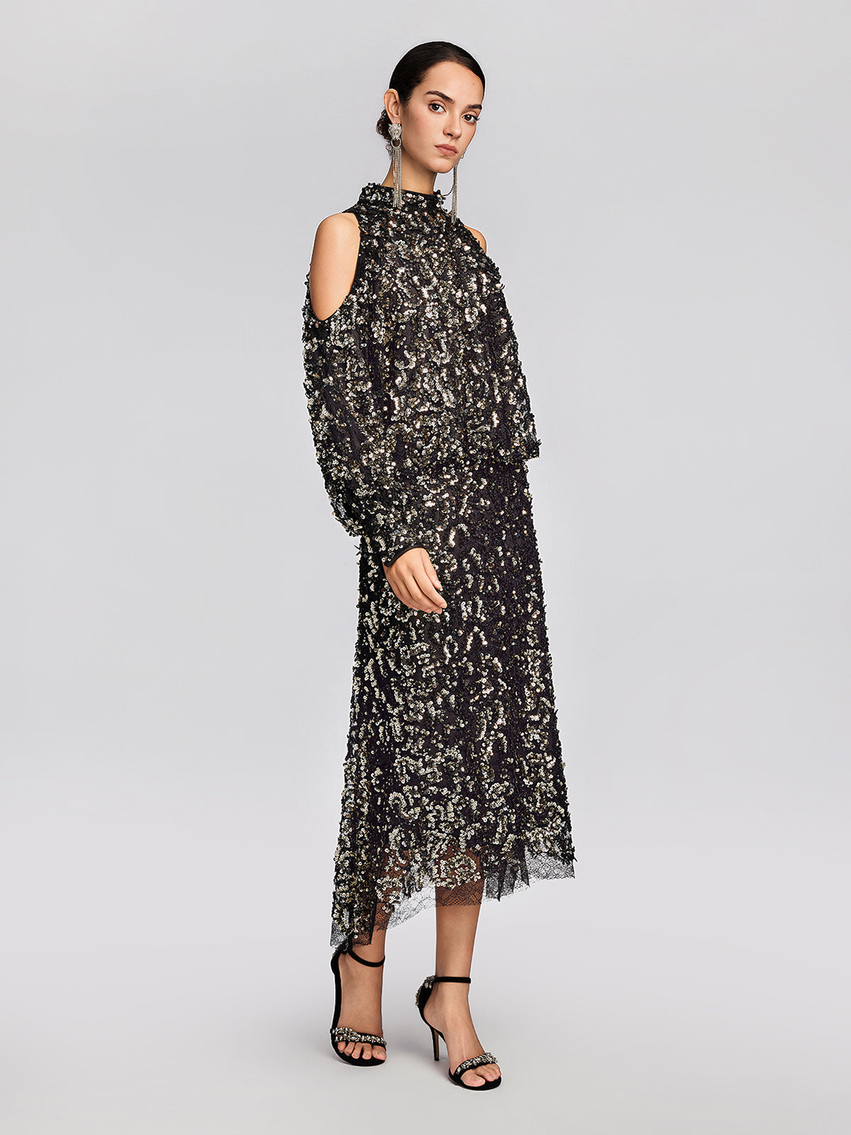 Sequin Mesh High-Waisted Midi Skirt