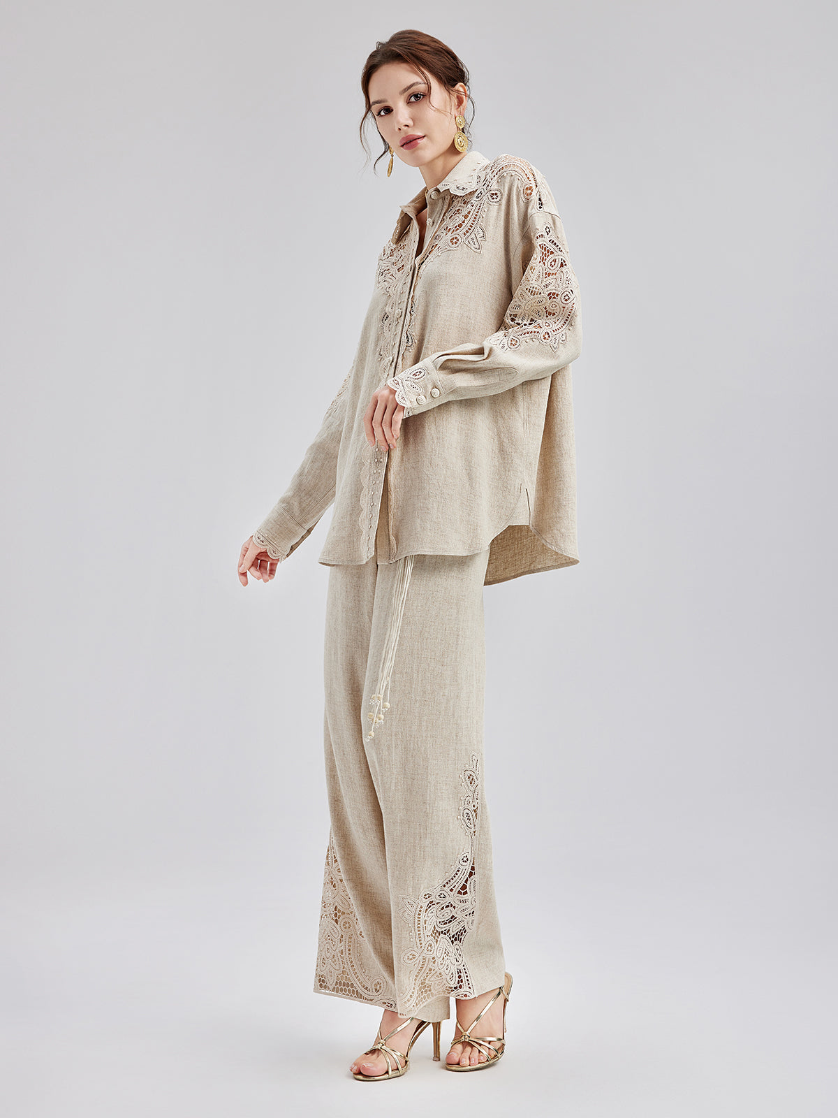 Final Sale | French Ramie Lace-Trimmed Pants with Braided Belt