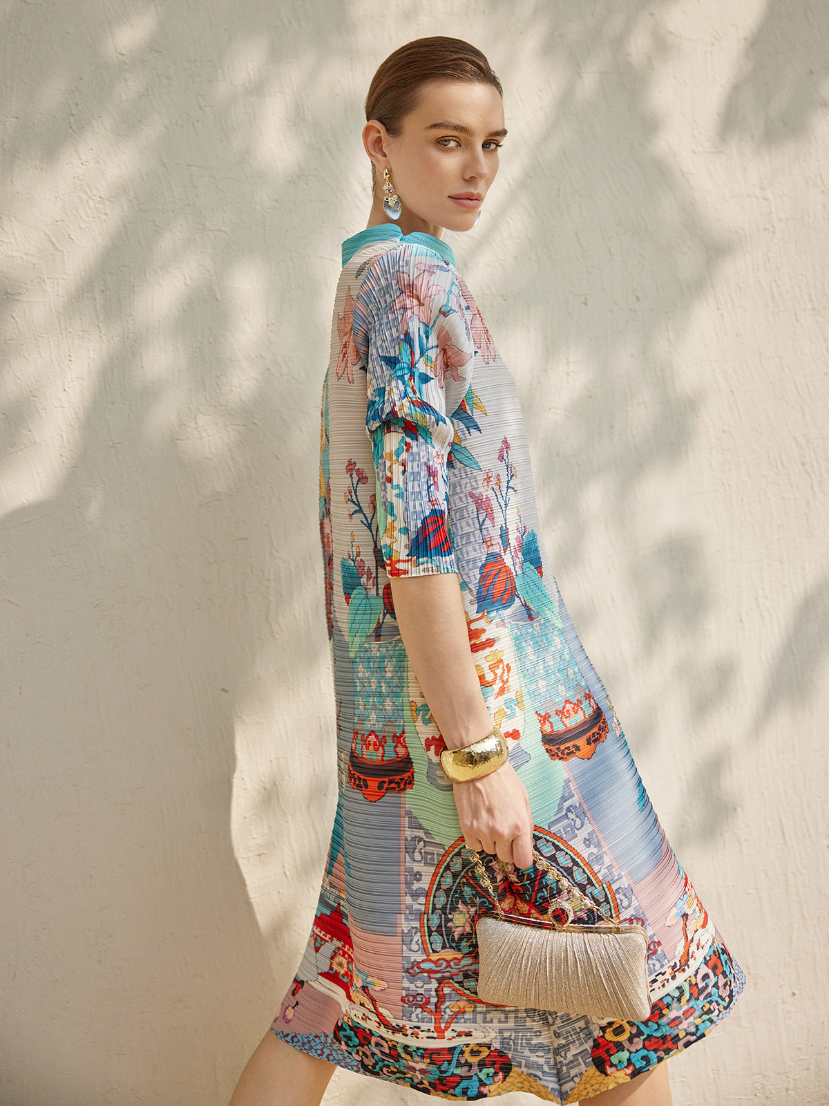 Artistic Print Pleated High Neck Dress (Slip Dress Included)