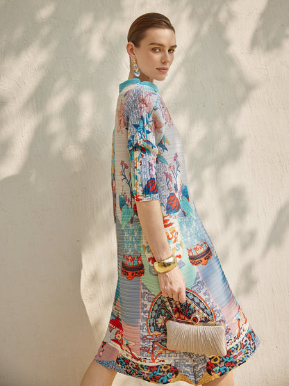 Artistic Print Pleated High Neck Dress (Slip Dress Included)