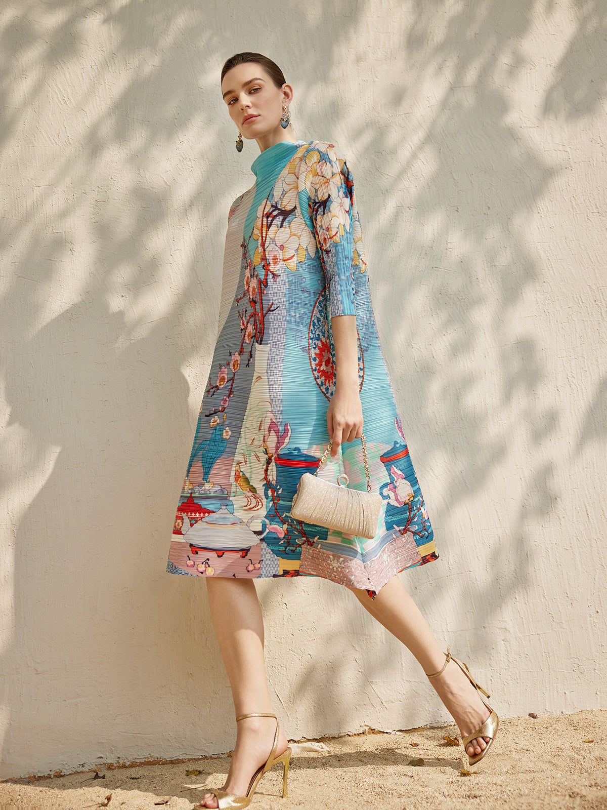 Artistic Print Pleated High Neck Dress (Slip Dress Included)
