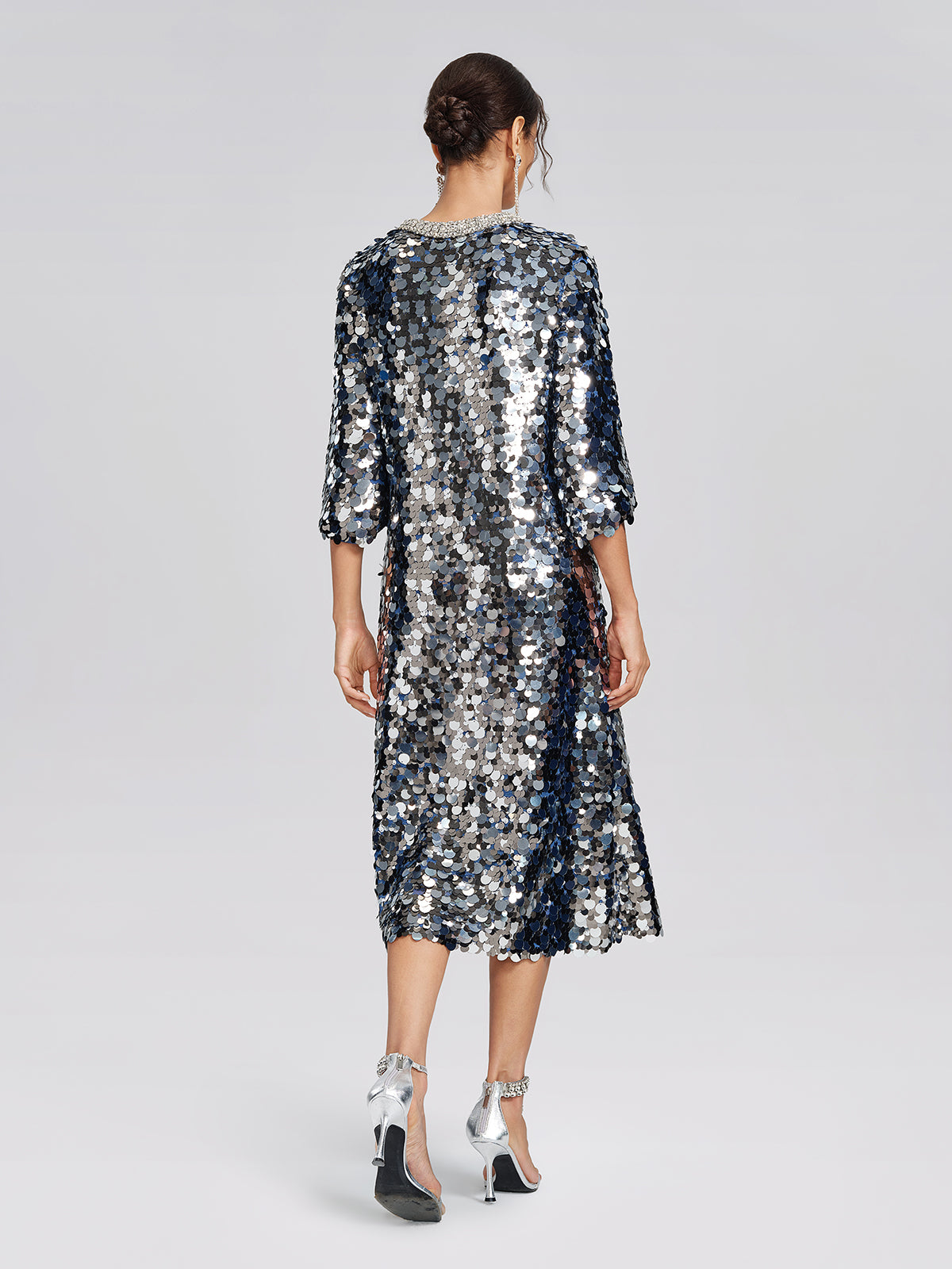 Metallic Sequin Rhinestone V-Neck Dress