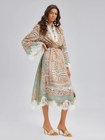 Vintage Botanical Print Lace Dress (Belt Included)