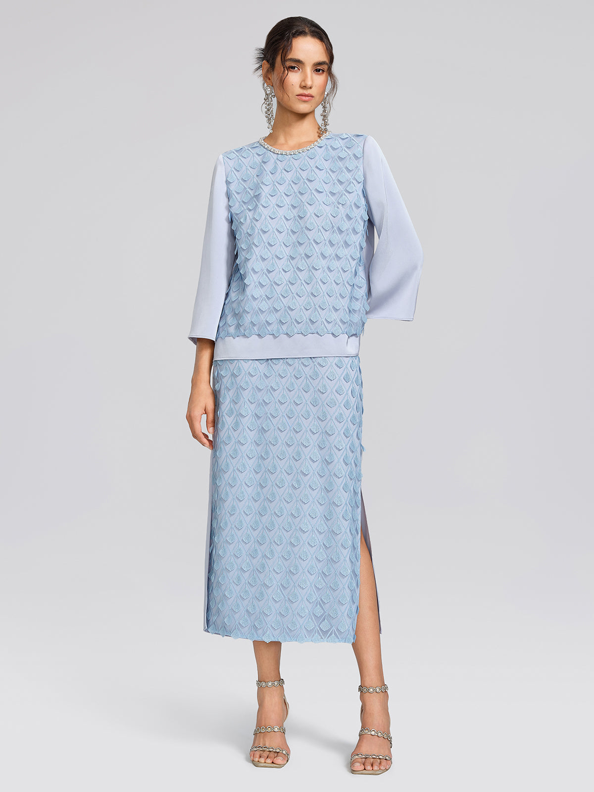 Mesh Ginkgo Embroidery Pearl Blouse
