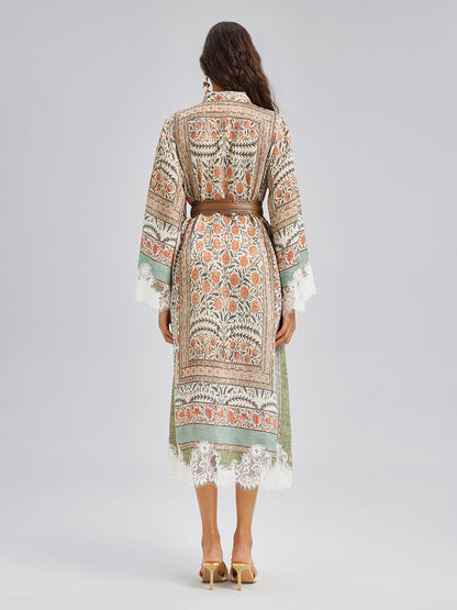 Vintage Botanical Print Lace Dress (Belt Included)