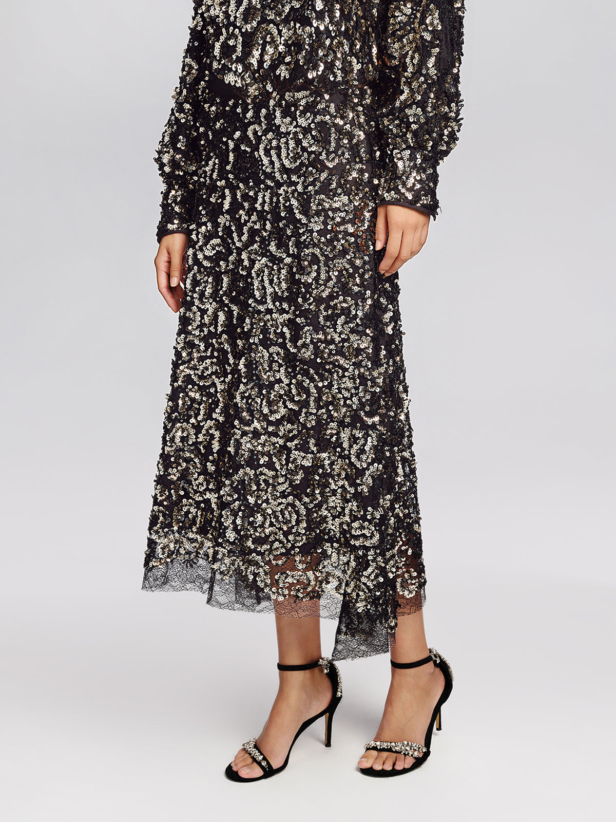 Sequin Mesh High-Waisted Midi Skirt