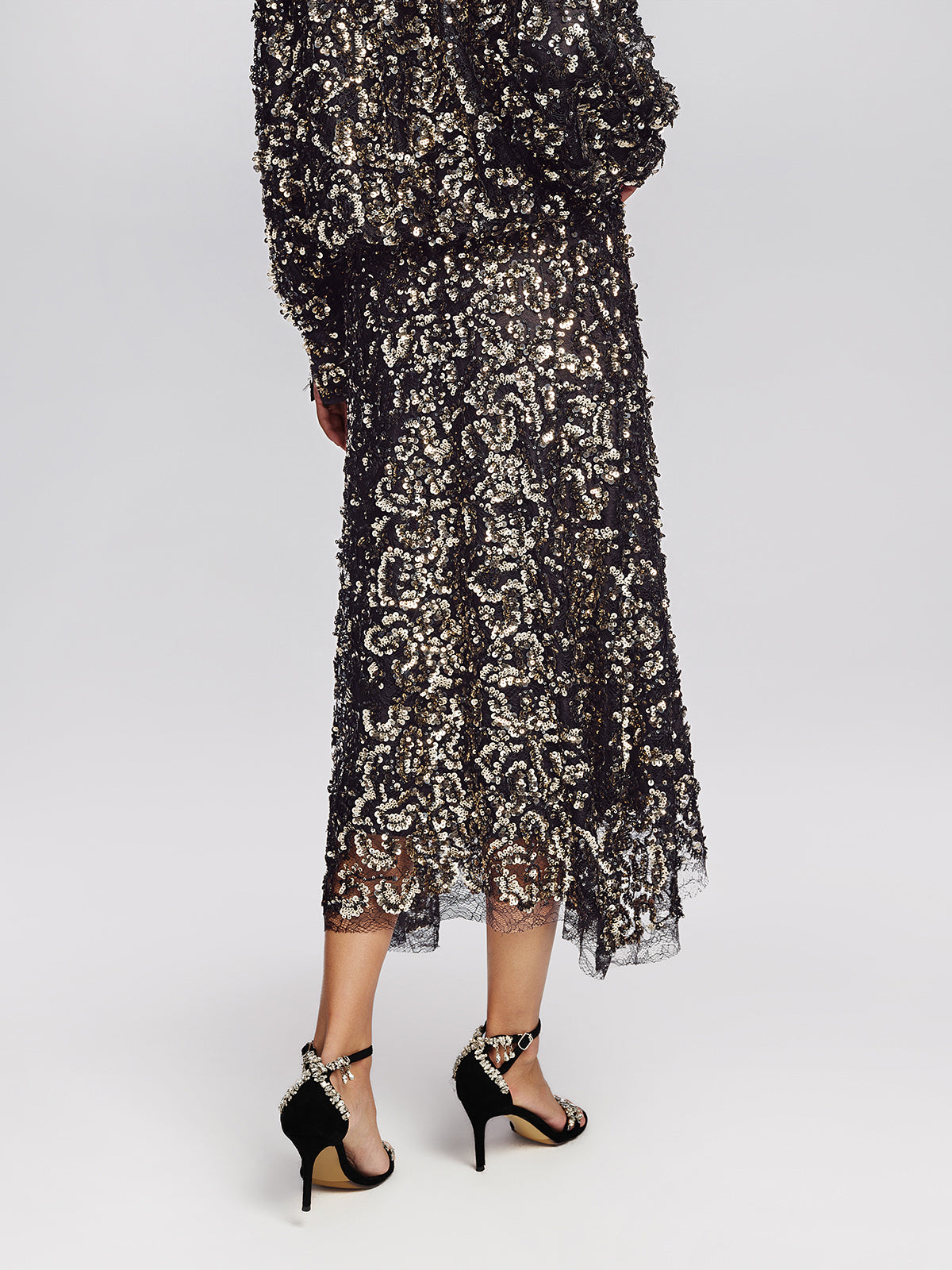 Sequin Mesh High-Waisted Midi Skirt