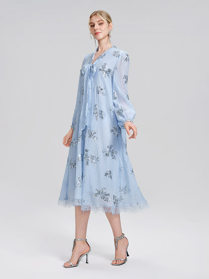 Sequin Embroidered Lace Panel Beaded Tie Dress