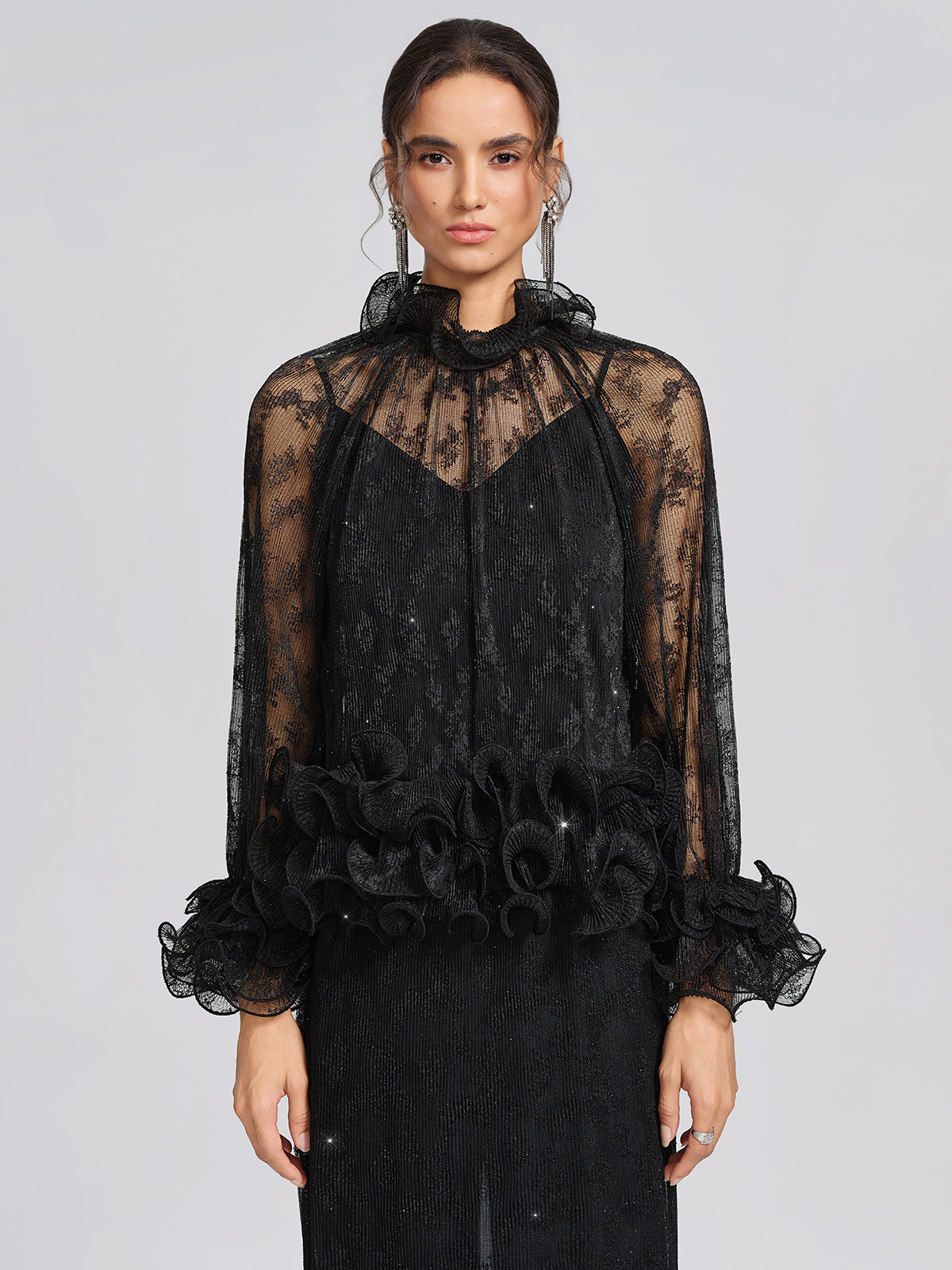 Pleated Mesh Floral Lace Blouse