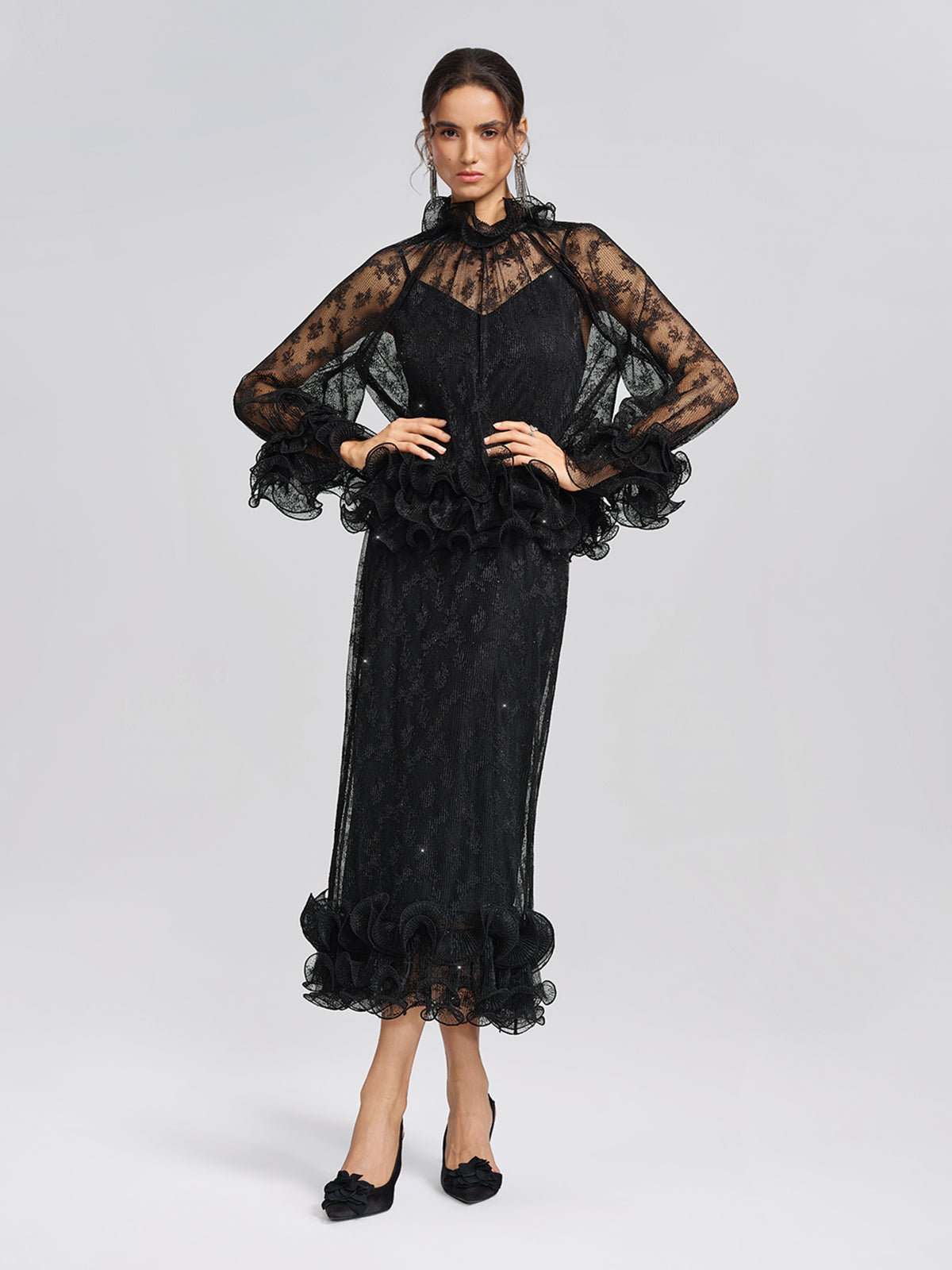 Pleated Mesh Floral Lace Blouse