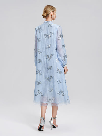 Sequin Embroidered Lace Panel Beaded Tie Dress