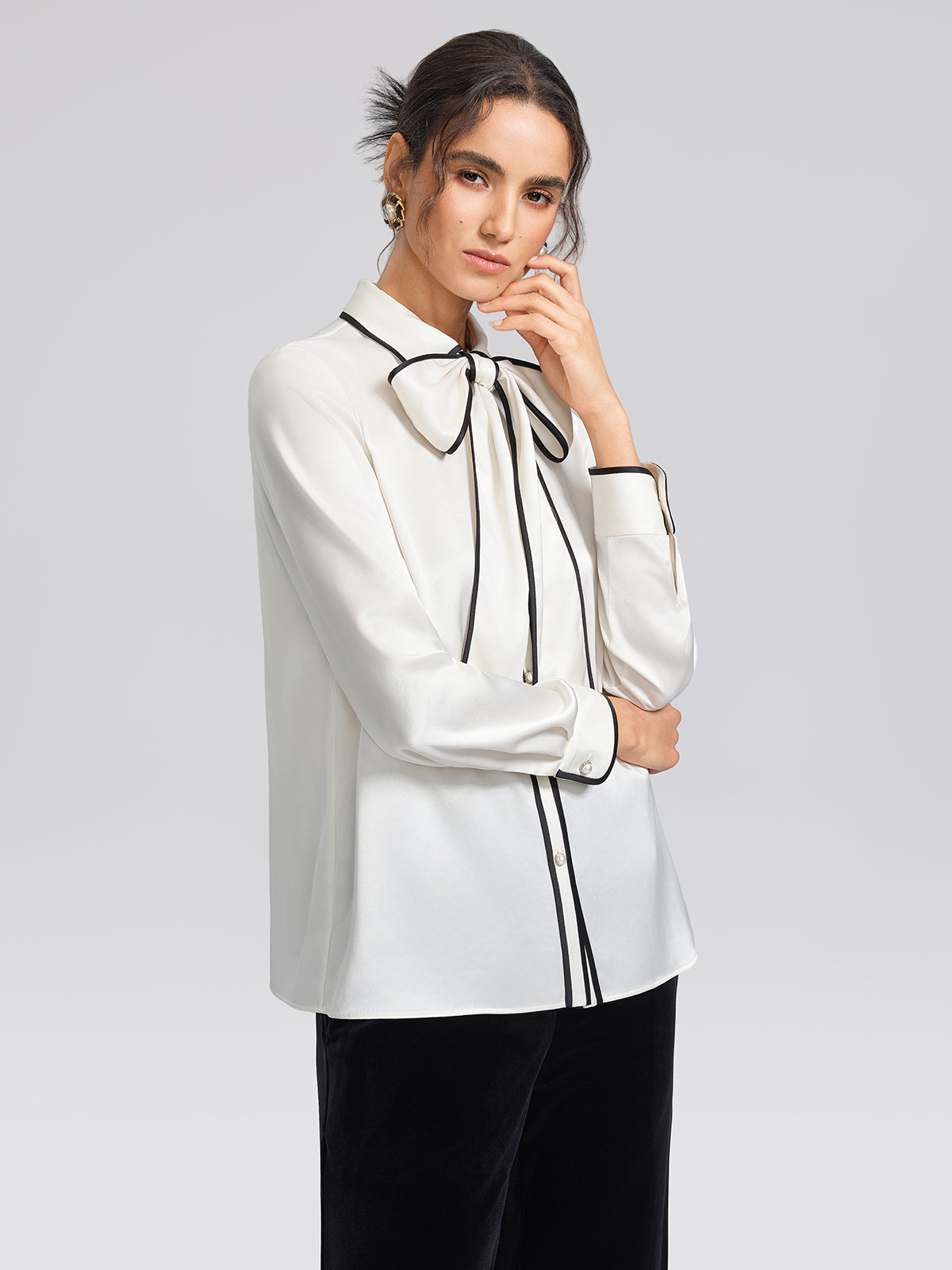 Satin Contrast Trim Bow Shirt