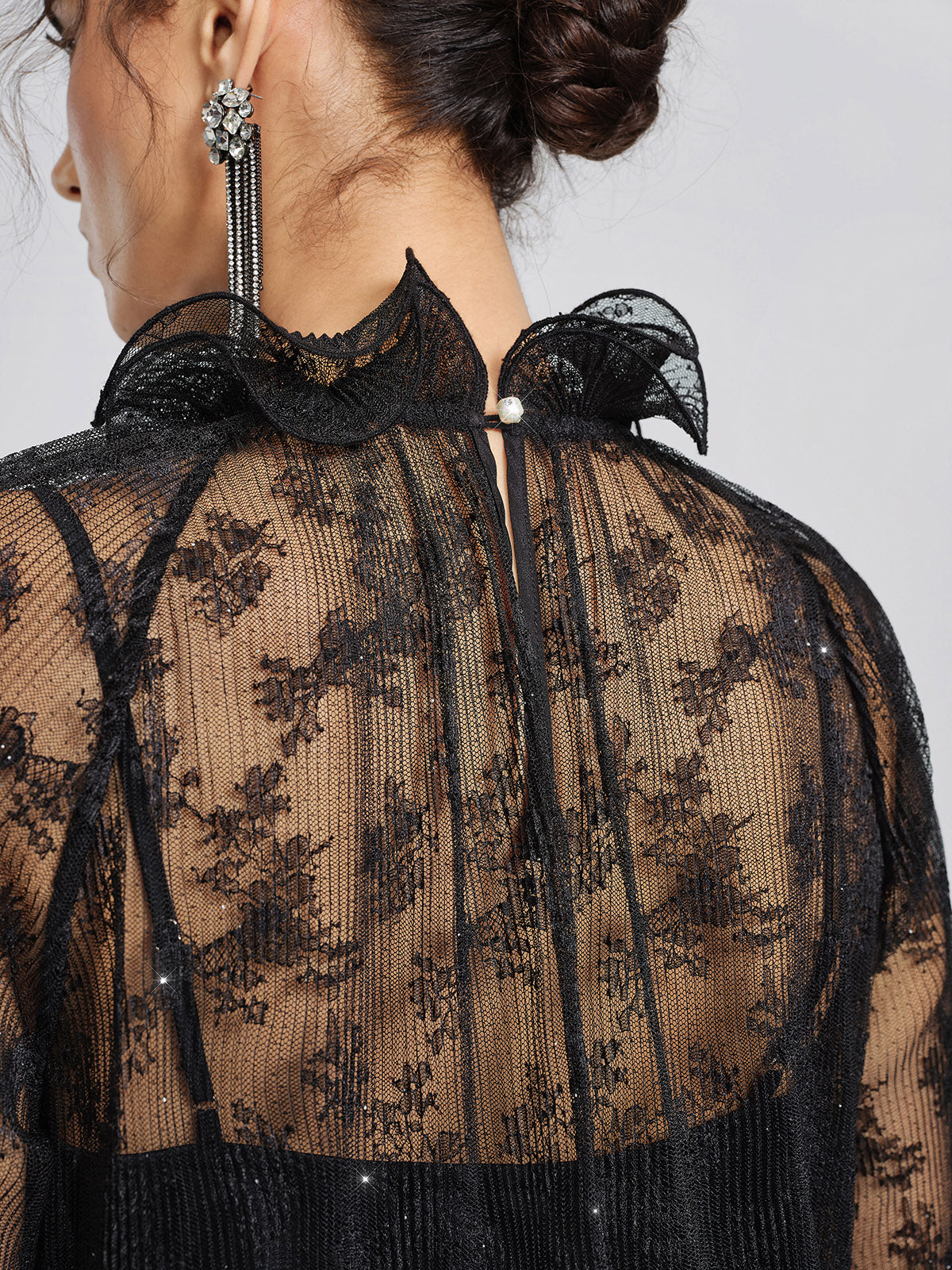 Pleated Mesh Floral Lace Blouse
