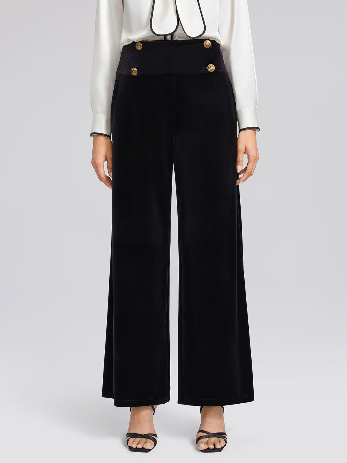 Velvet Embossed Metal-Button Wide-Leg Pants