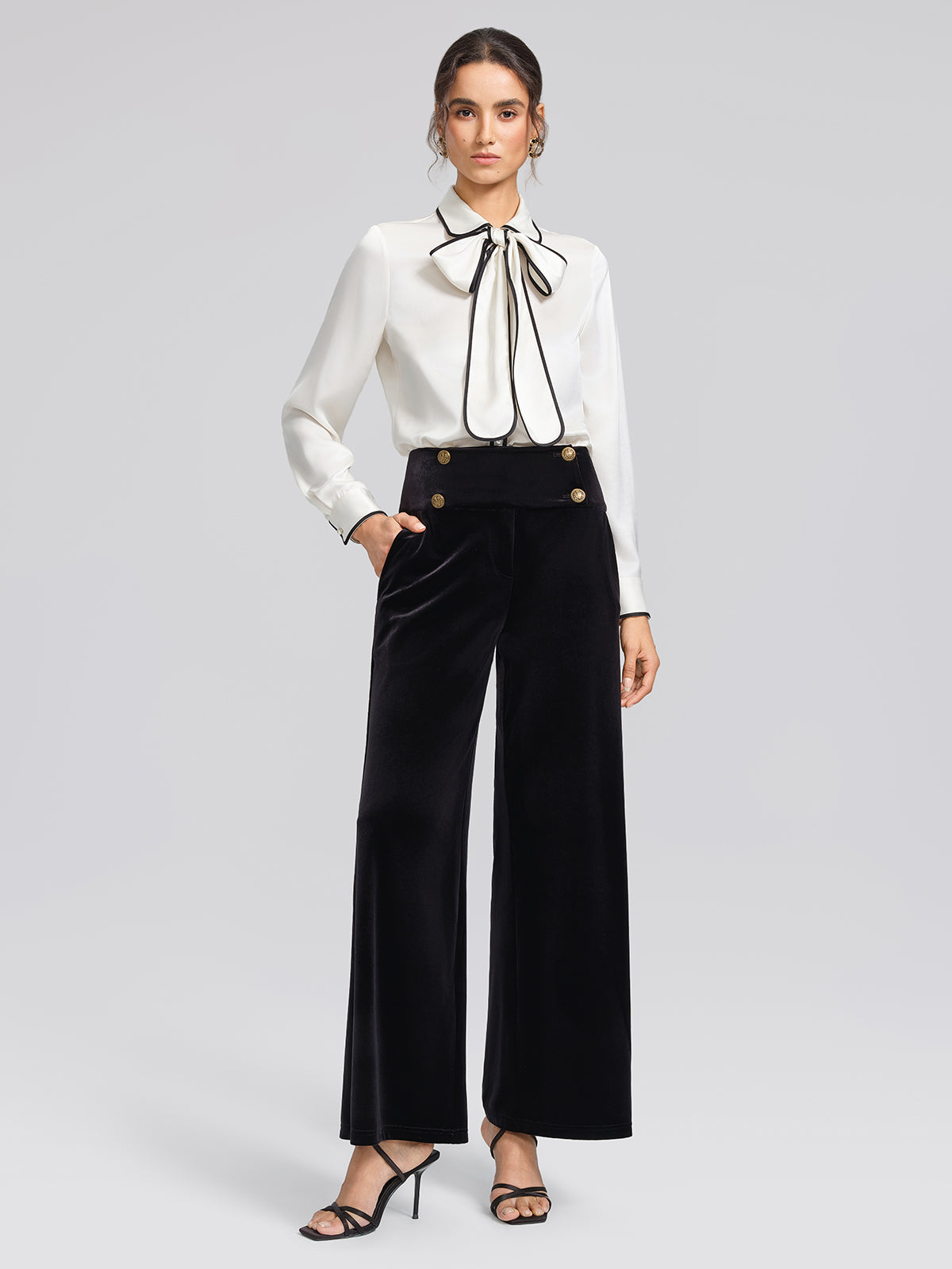 Satin Contrast Trim Bow Shirt