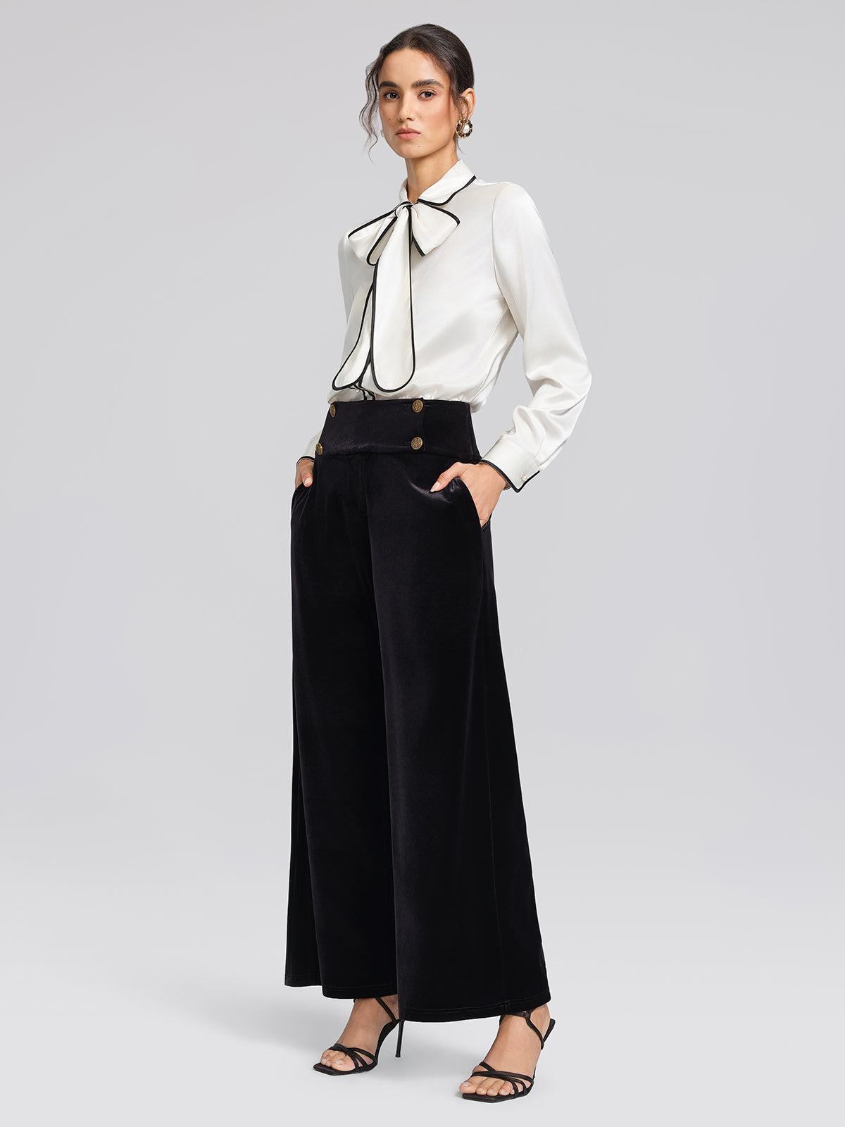 Satin Contrast Trim Bow Shirt