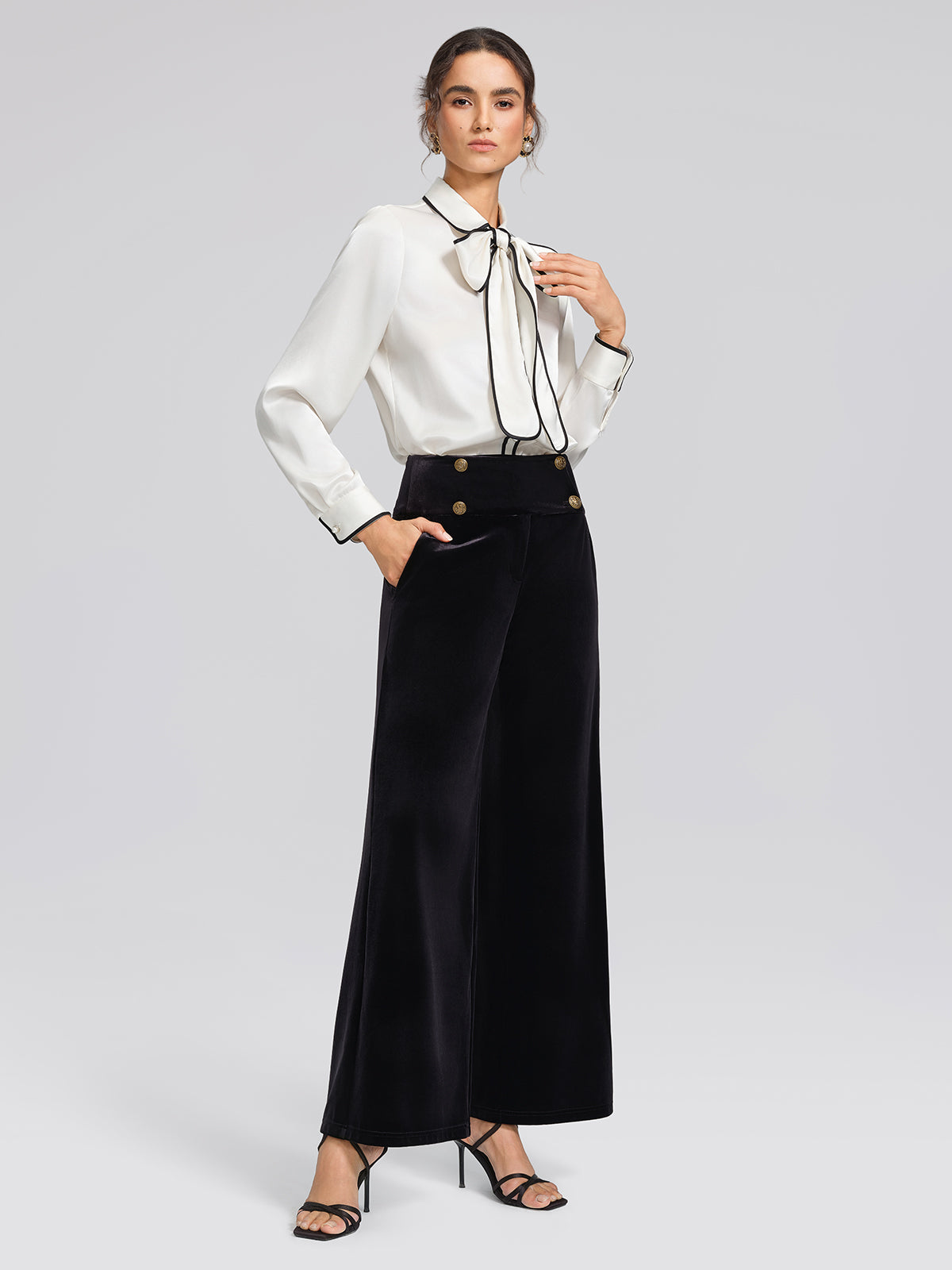 Velvet Embossed Metal-Button Wide-Leg Pants