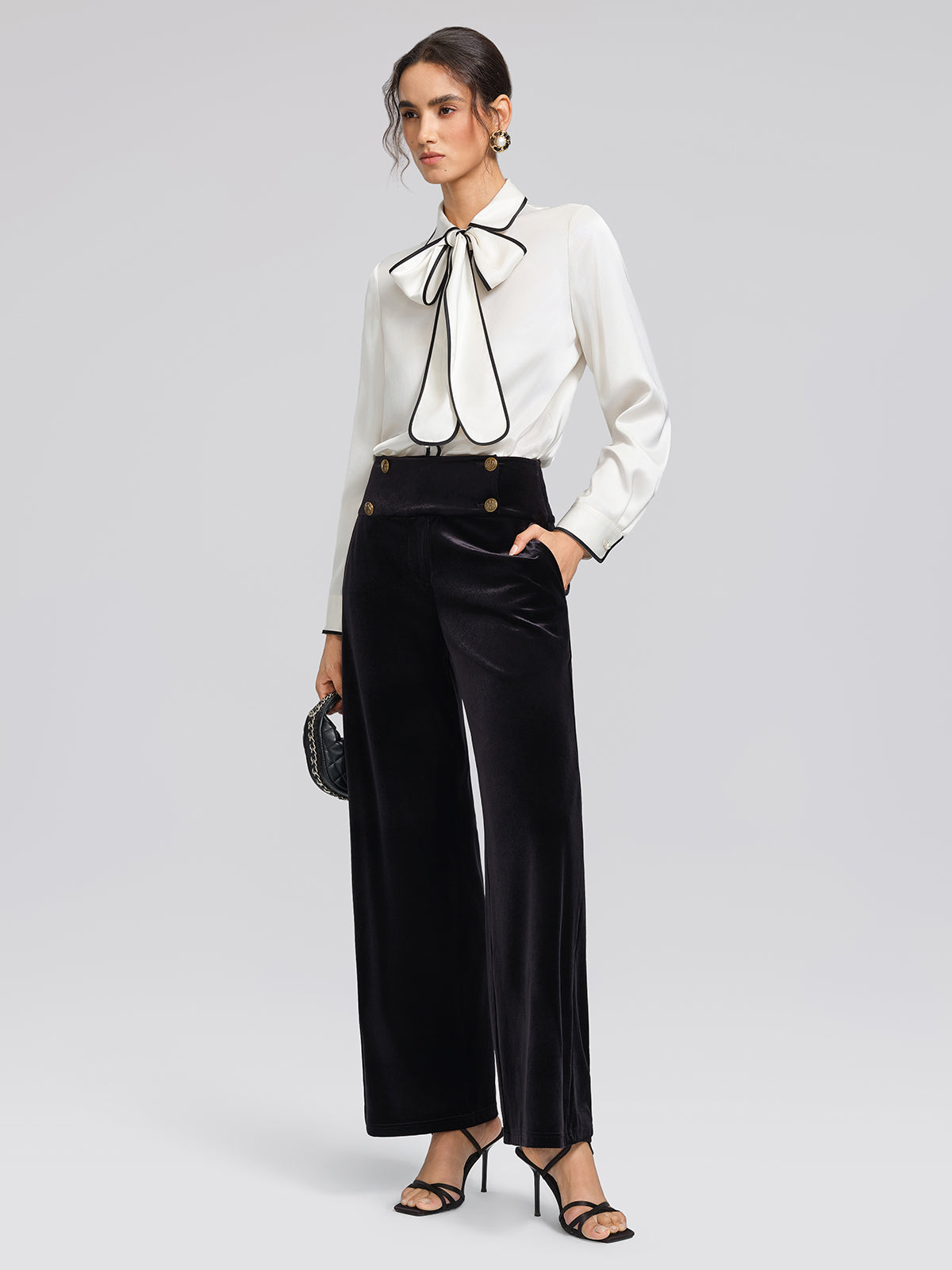 Satin Contrast Trim Bow Shirt