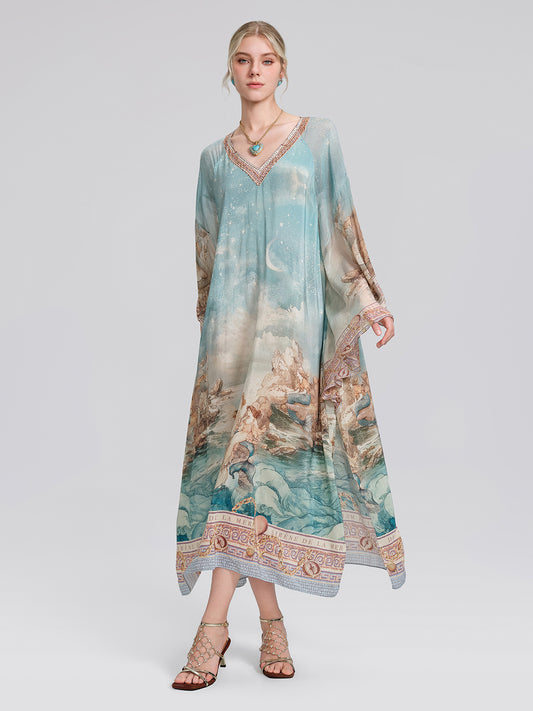 100% Silk Mermaid Print Batwing Sleeve Dress(Waist Tie, Headscarf & Scrunchie Included)