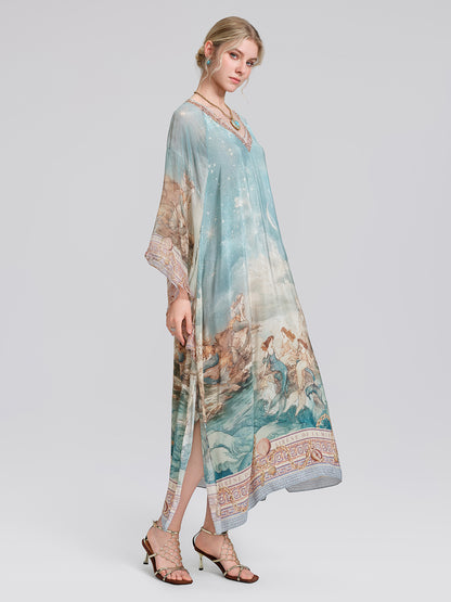 100% Silk Mermaid Print Batwing Sleeve Dress(Waist Tie, Headscarf & Scrunchie Included)