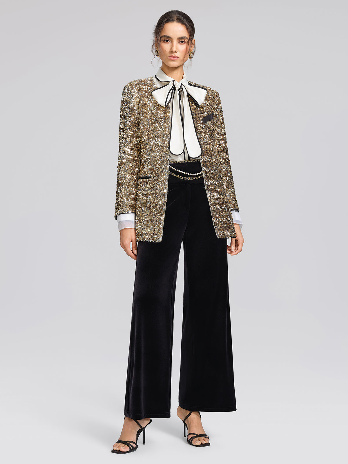 Velvet Embossed Metal-Button Wide-Leg Pants