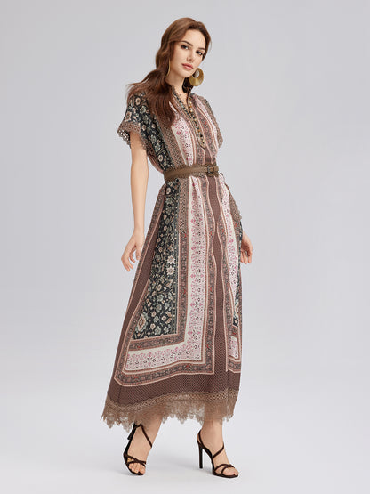 Botanical Print Lace-Trimmed Dress
