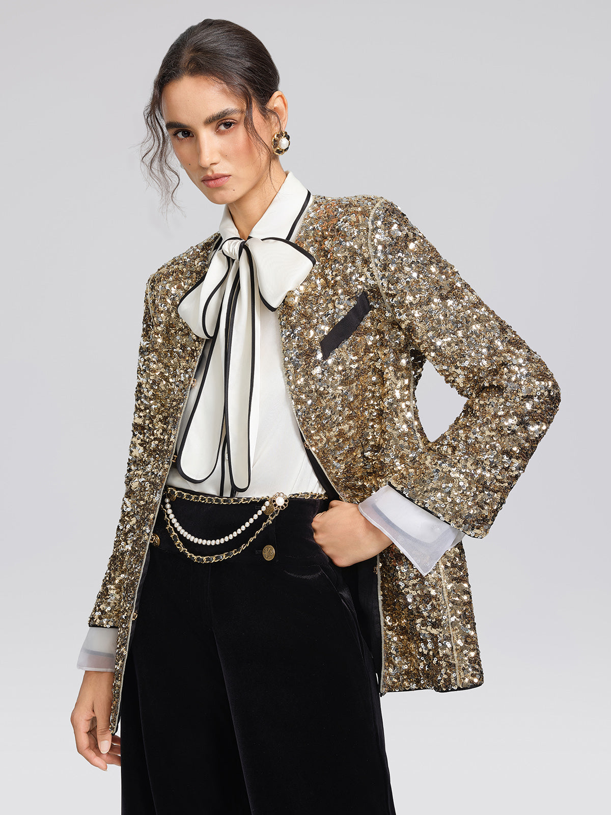 Satin Contrast Trim Bow Shirt
