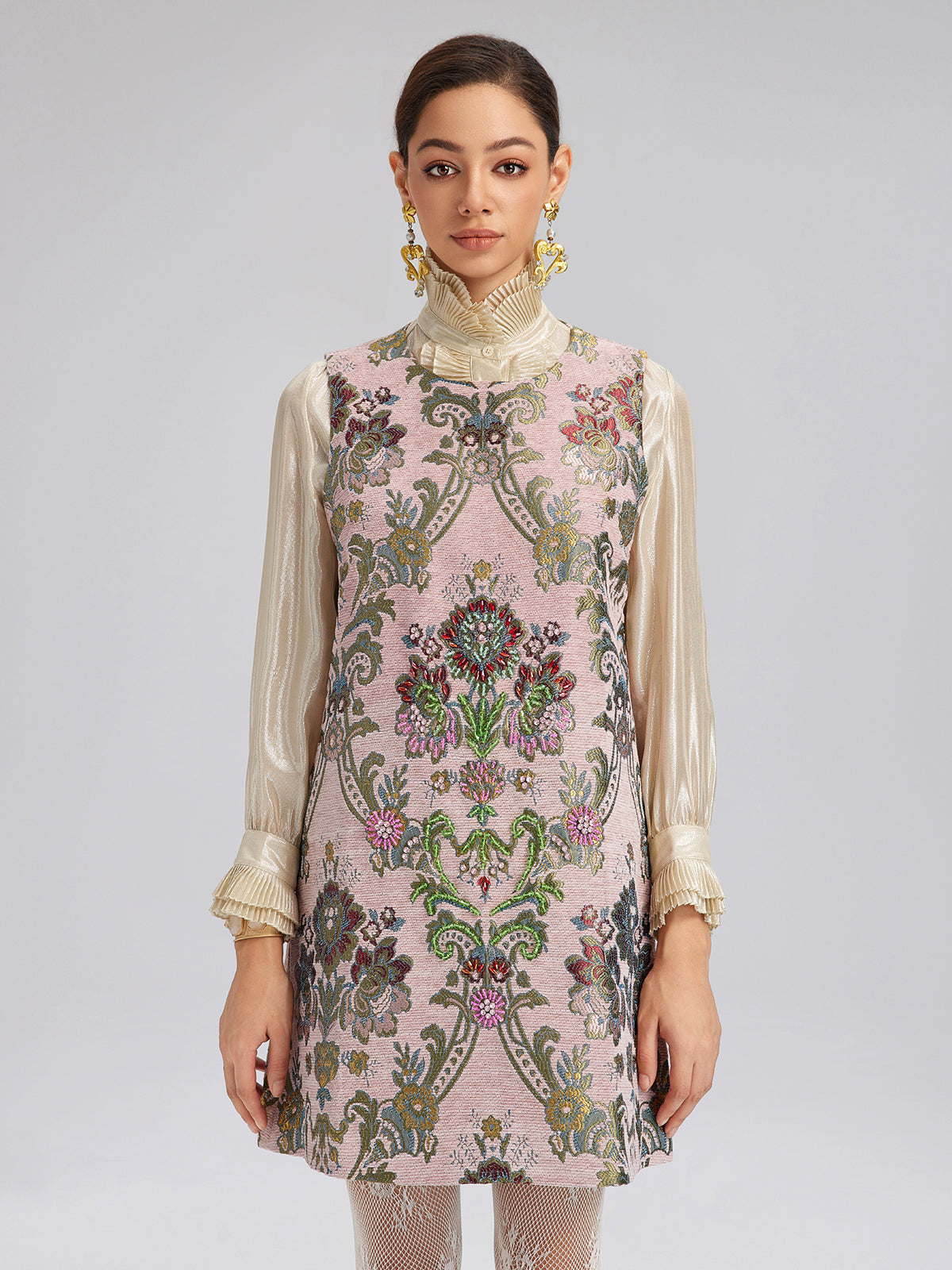 Hand-Beaded Embroidered Silk-Textured Dress