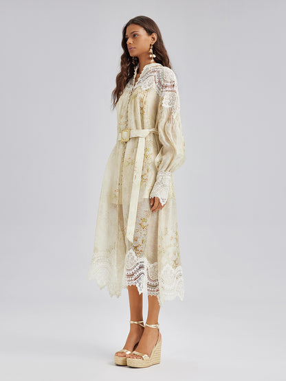 Silk-Linen Floral Lace Dress