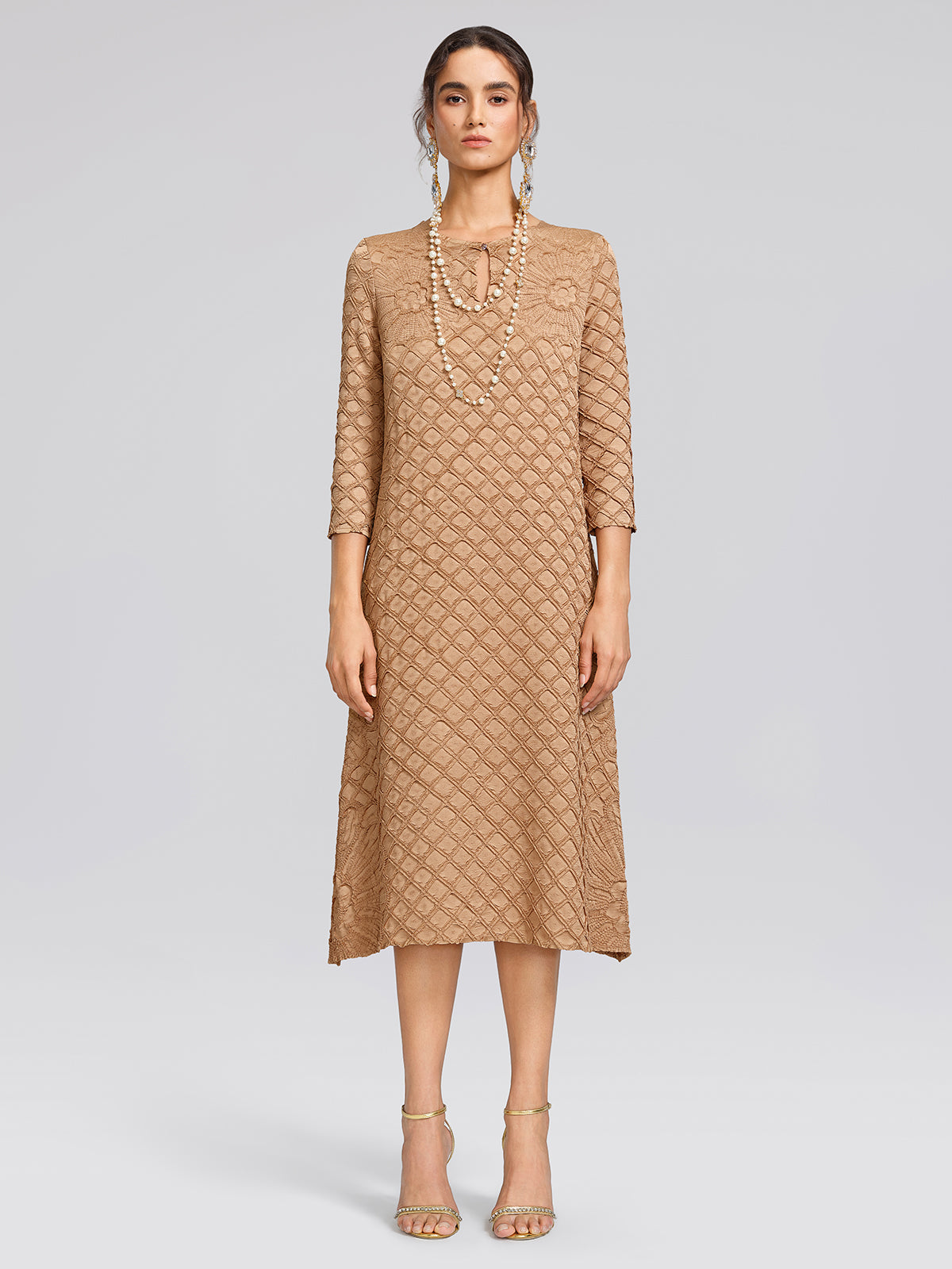 Diamond-Pleated Floral Embossed Dress