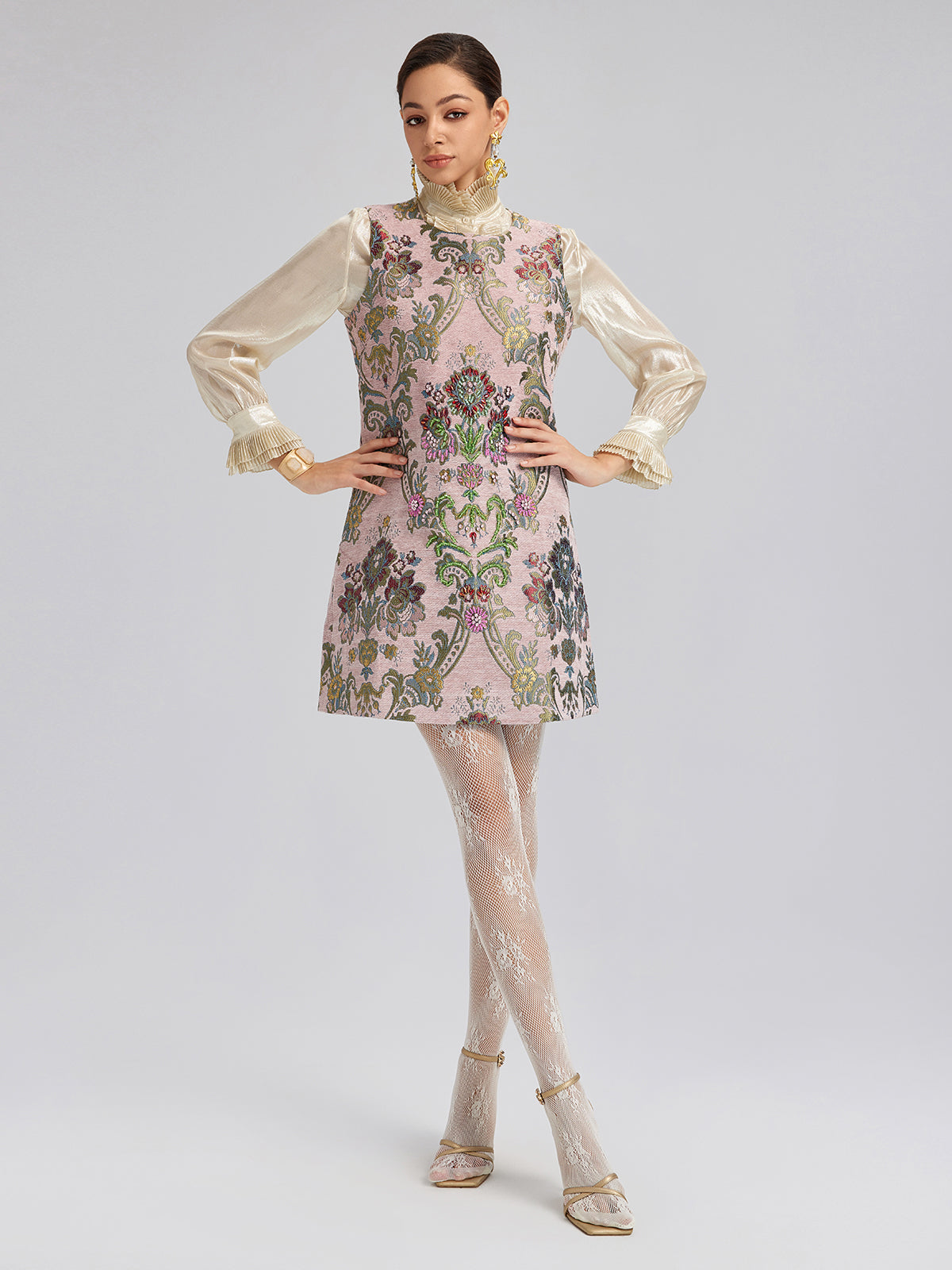 Hand-Beaded Embroidered Silk-Textured Dress