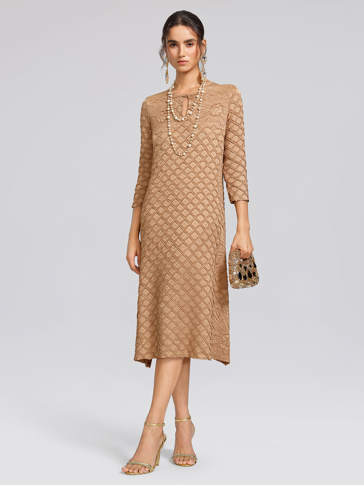 Diamond-Pleated Floral Embossed Dress