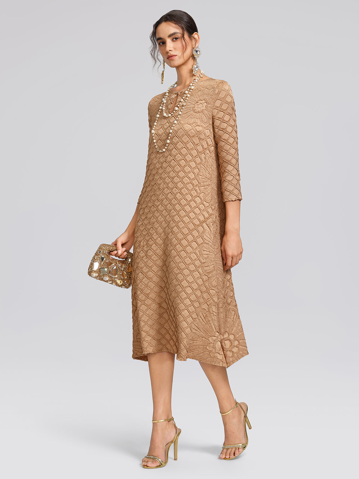 Diamond-Pleated Floral Embossed Dress