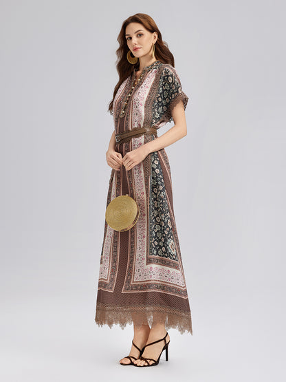 Botanical Print Lace-Trimmed Dress