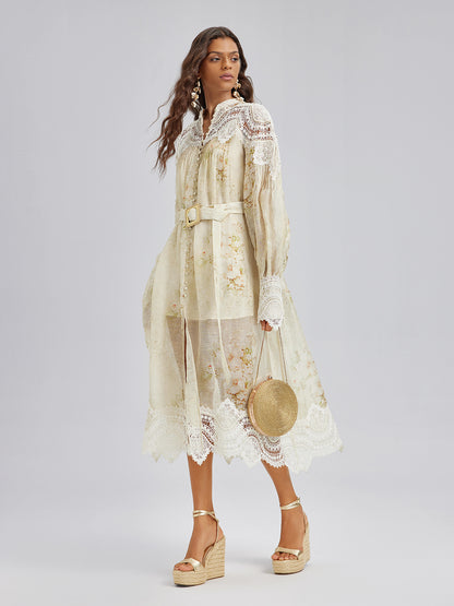 Silk-Linen Floral Lace Dress