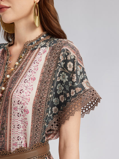 Botanical Print Lace-Trimmed Dress