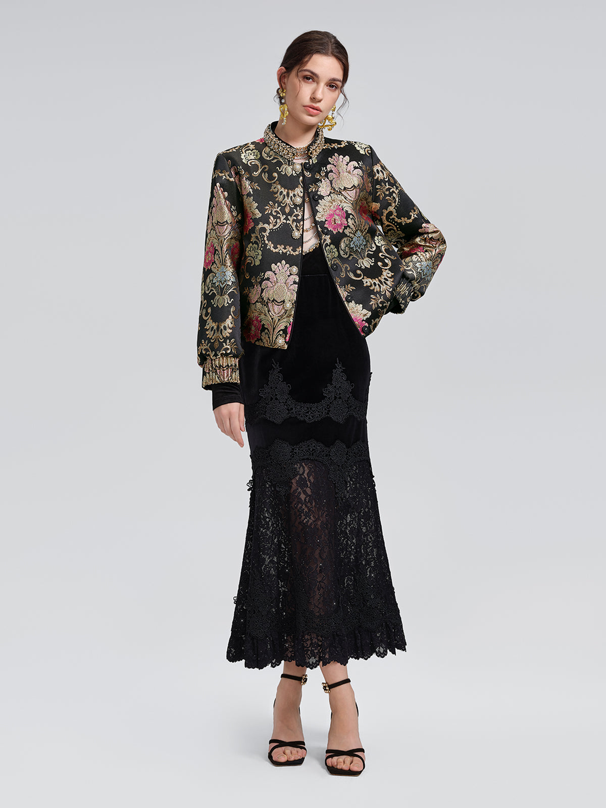 Sequin Lace Velvet Panel Fishtail Skirt