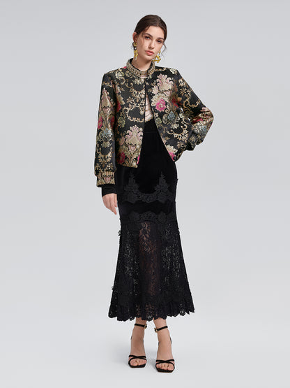Sequin Lace Velvet Panel Fishtail Skirt