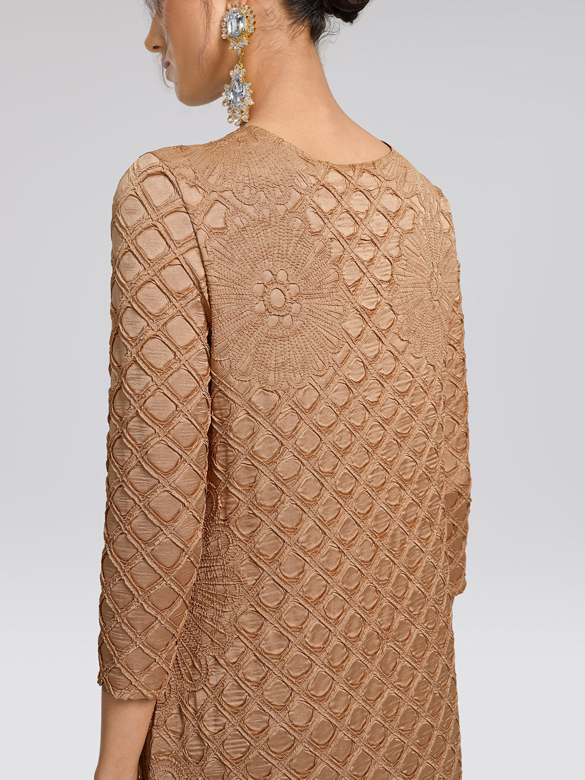 Diamond-Pleated Floral Embossed Dress